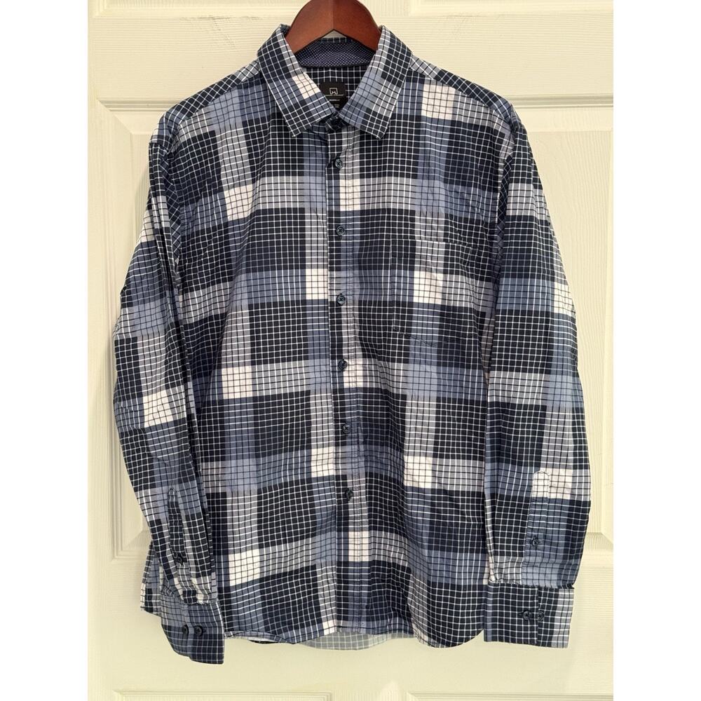 Michael Strahan Modern Fit Shirt Mens XL 18 35-36 Blue Plaid Career Office
